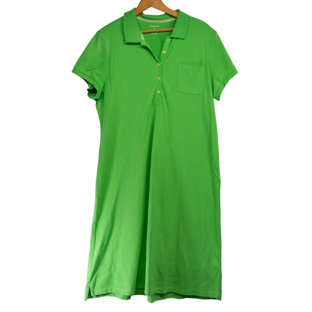 LANDS' END Athleisure Green Cotton Knit Polo Dress Short Sleeve Knee Length Lg